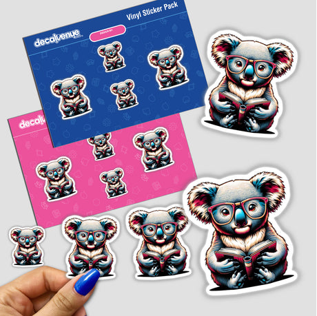 Koala Bear With Reading Glasses Open Book sticker pack; includes various cartoon koalas reading. A hand holds the pack, showcasing Decal Venue's unique vinyl stickers and digital art.