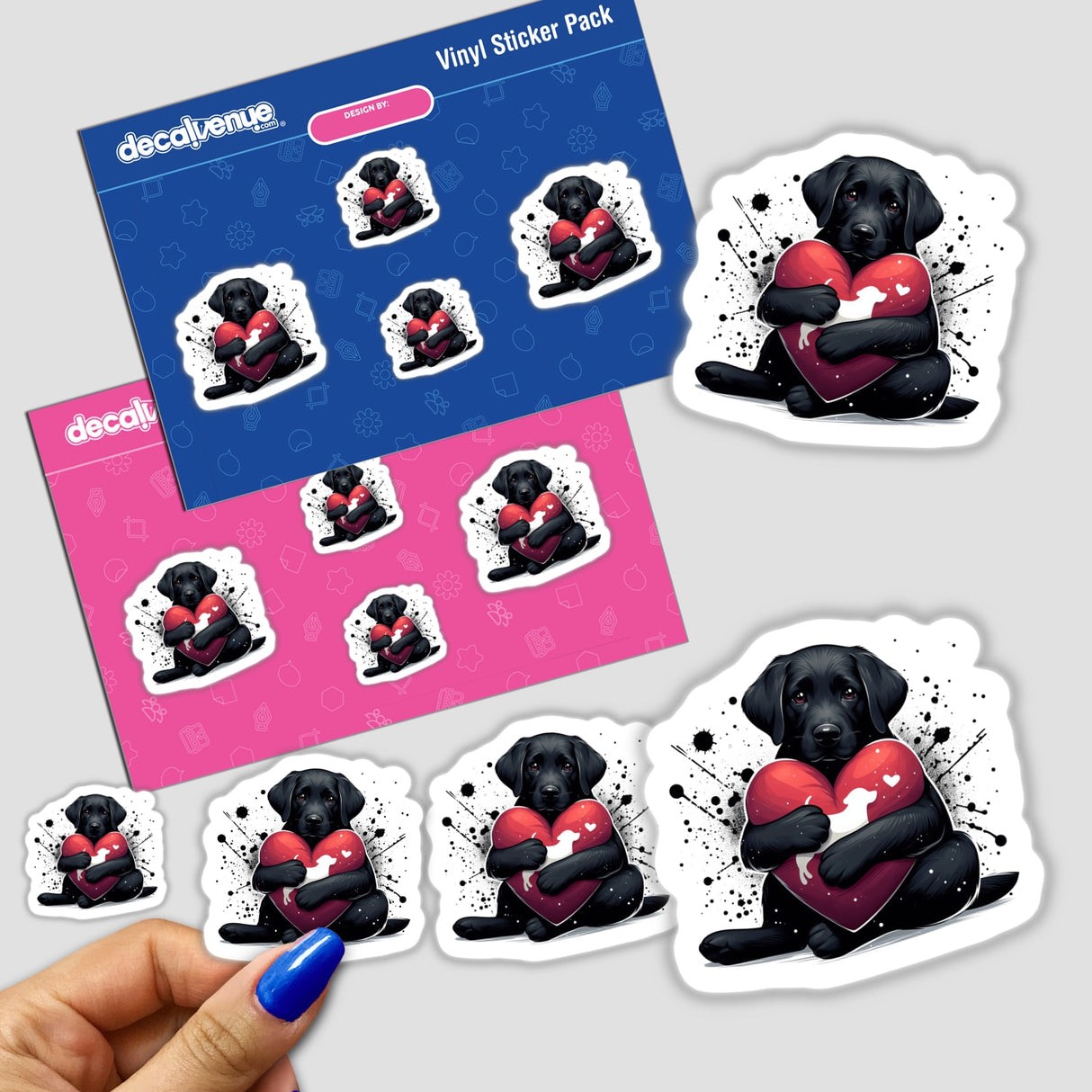 Black Lab Dog Hugging Heart Pillow II sticker, featuring a black dog embracing a heart, available as stickers or digital artwork from Decal Venue.