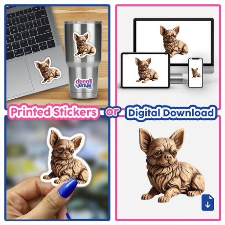 Carved Wood Chihuahua statue amid a collage, featuring stickers and a laptop, symbolizes Decal Venue's unique range of stickers and digital artwork.