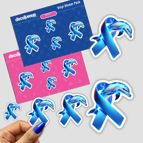 Dolphin Colon Cancer Awareness Blue Ribbon sticker pack featuring blue ribbons adorned with dolphin motifs; available as unique vinyl stickers or digital artwork.