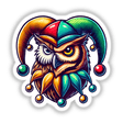 Owl Wearing Jester’s Hat illustrated in a whimsical, cartoon style, available as stickers or digital artwork from Decal Venue.