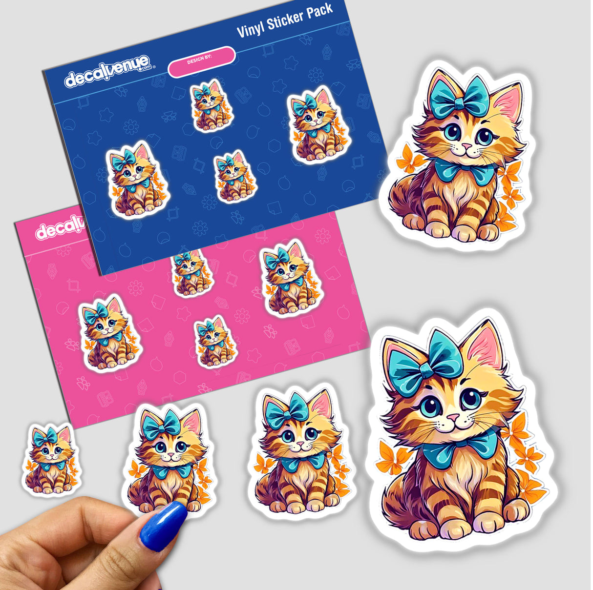 Kitten-themed sticker showing a cartoon cat with a bow, available as a sticker or digital artwork from Decal Venue.