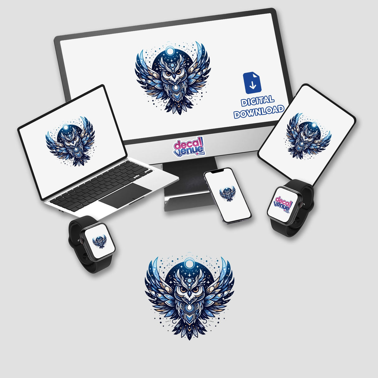 Detailed celestial owl digital artwork with vibrant blue and purple hues displayed on various electronic devices including laptops, smartphones, and smartwatch.