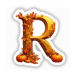 Fall Aesthetic Letter R Clipart | Stickers or Download with Commercial Rights – a letter surrounded by pumpkins, leaves, and corn, perfect for seasonal decor or craft projects.