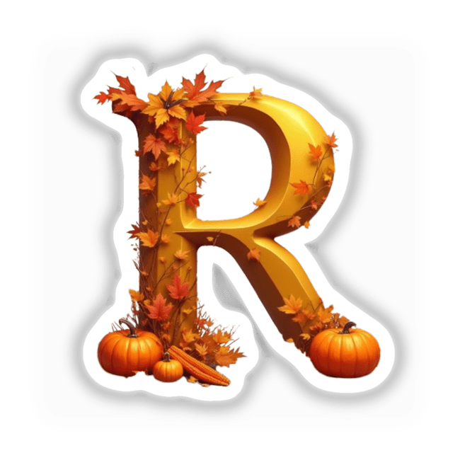 Fall Aesthetic Letter R Clipart | Stickers or Download with Commercial Rights – a letter surrounded by pumpkins, leaves, and corn, perfect for seasonal decor or craft projects.