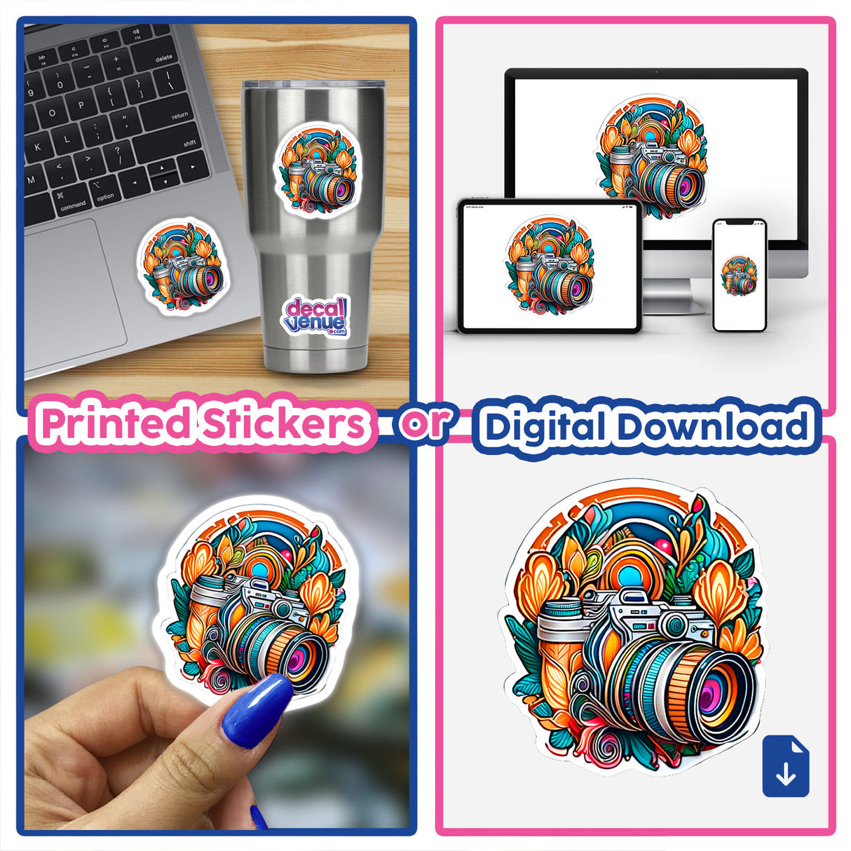 Floral camera sticker collage featuring a colorful camera with flowers, a laptop, and a person holding another sticker with a camera. Available as stickers or digital artwork.