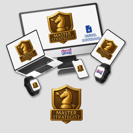 Master Strategist – RPG-Style Skill Badge (Gold Fantasy Emblem) sticker features intricate fantasy-themed design, available as a vinyl sticker or digital artwork, reflecting Decal Venue's unique offerings.