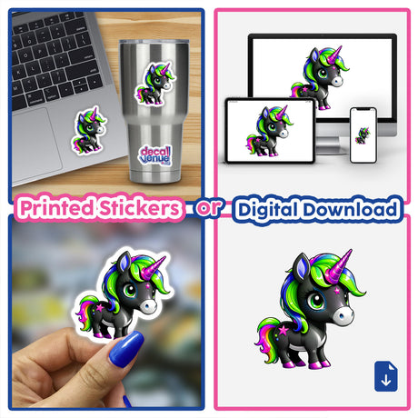 Collage featuring the Cute And Magical Pony Unicorn with rainbow hair, available as stickers or digital artwork. The whimsical design is perfect for laptops, cups, and more.