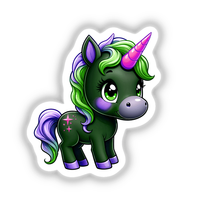 Cute And Magical Pony Unicorn cartoon illustration, available as stickers or digital artwork from Decal Venue, featuring a whimsical unicorn in animated style, perfect for fans of unique and playful designs.