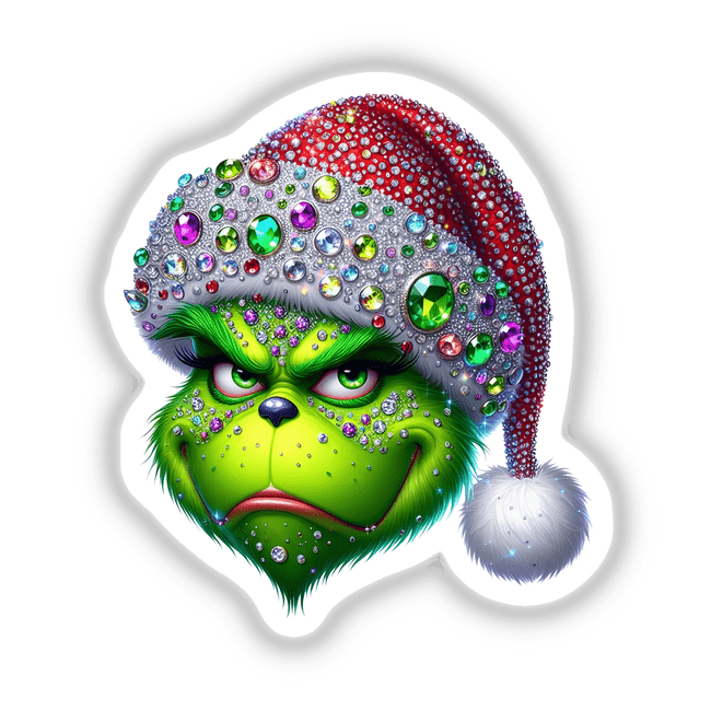 Green Grouch Christmas Face with Jeweled Santa Hat I; a cartoon character featuring a jeweled Santa hat, available as stickers or digital artwork, embodying Decal Venue's unique artistic flair.