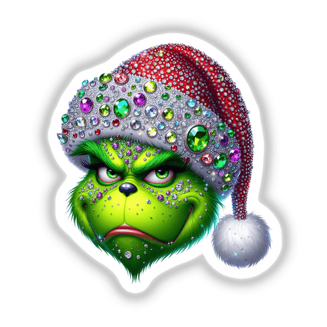 Green Grouch Christmas Face with Jeweled Santa Hat I; a cartoon character featuring a jeweled Santa hat, available as stickers or digital artwork, embodying Decal Venue's unique artistic flair.