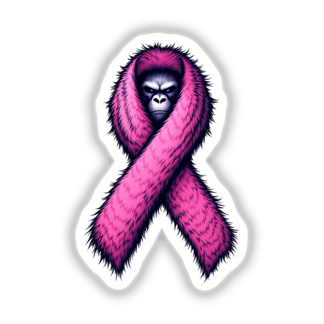 Sasquatch Face Fuzzy Pink Ribbon Breast Cancer Awareness: A cartoon gorilla with a pink scarf, blending art and advocacy, available as a sticker or digital artwork from Decal Venue.