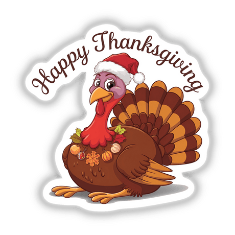 Happy Thanksgiving Turkey Bird II features a cartoon turkey wearing a Santa hat, surrounded by pumpkins and leaves. Available as stickers or digital artwork, capturing festive holiday spirit.