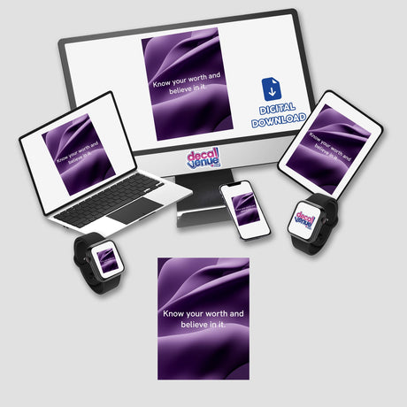 Know your worth and believe in it design features smooth purple abstract shapes, promoting self-esteem. Available as stickers or digital art, capturing elegance and calm from Decal Venue's unique collection.