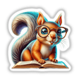 Squirrel With Reading Glasses Open Book: An illustration of a cartoon squirrel wearing glasses, engrossed in an open book. Available as stickers or digital artwork from Decal Venue.