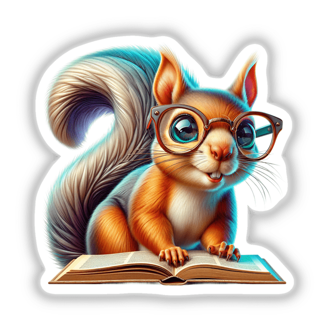 Squirrel With Reading Glasses Open Book: An illustration of a cartoon squirrel wearing glasses, engrossed in an open book. Available as stickers or digital artwork from Decal Venue.