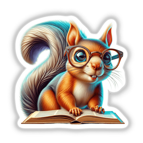 Squirrel With Reading Glasses Open Book: An illustration of a cartoon squirrel wearing glasses, engrossed in an open book. Available as stickers or digital artwork from Decal Venue.