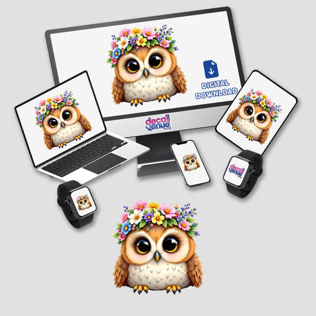 Whimsical Owl with a Spring Flower Crown displayed on a computer monitor and laptop, showcasing a charming cartoon owl adorned with flowers, ideal as stickers or digital artwork from Decal Venue.