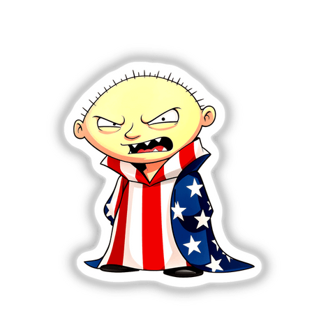 Funny cartoon of a man draped in an American flag robe with a humorous expression, titled A Funny Guy With An American Flag. Available as stickers or digital artwork.