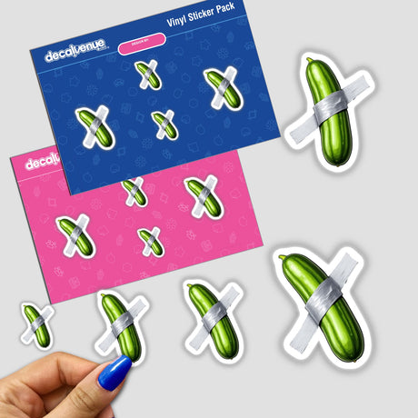 Cucumber Duct Tape Art displayed as a sticker, featuring a cucumber wrapped in tape. Available as stickers or digital artwork, representing Decal Venue's unique design approach.