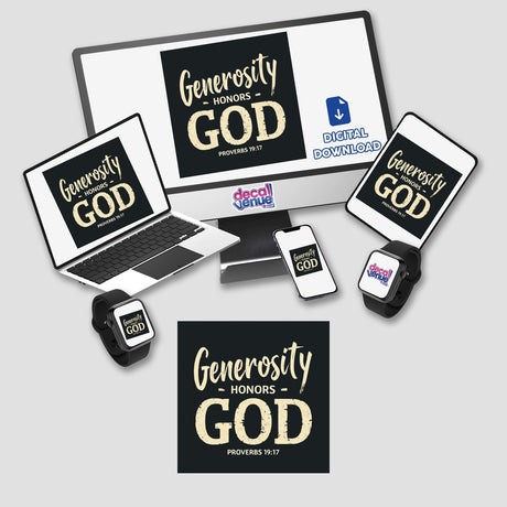 Generosity Honors God - Proverbs 19:17 - Christian Sticker or Clipart featuring a computer and laptop screen displaying relevant text, available with commercial rights from Decal Venue.