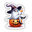 Sassy Halloween Ghost Witch with Wine Glass: A cartoon ghost wearing a witch hat, sitting on a pumpkin, holding a glass of orange liquid. Available as stickers or digital artwork.