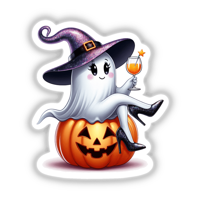 Sassy Halloween Ghost Witch with Wine Glass: A cartoon ghost wearing a witch hat, sitting on a pumpkin, holding a glass of orange liquid. Available as stickers or digital artwork.