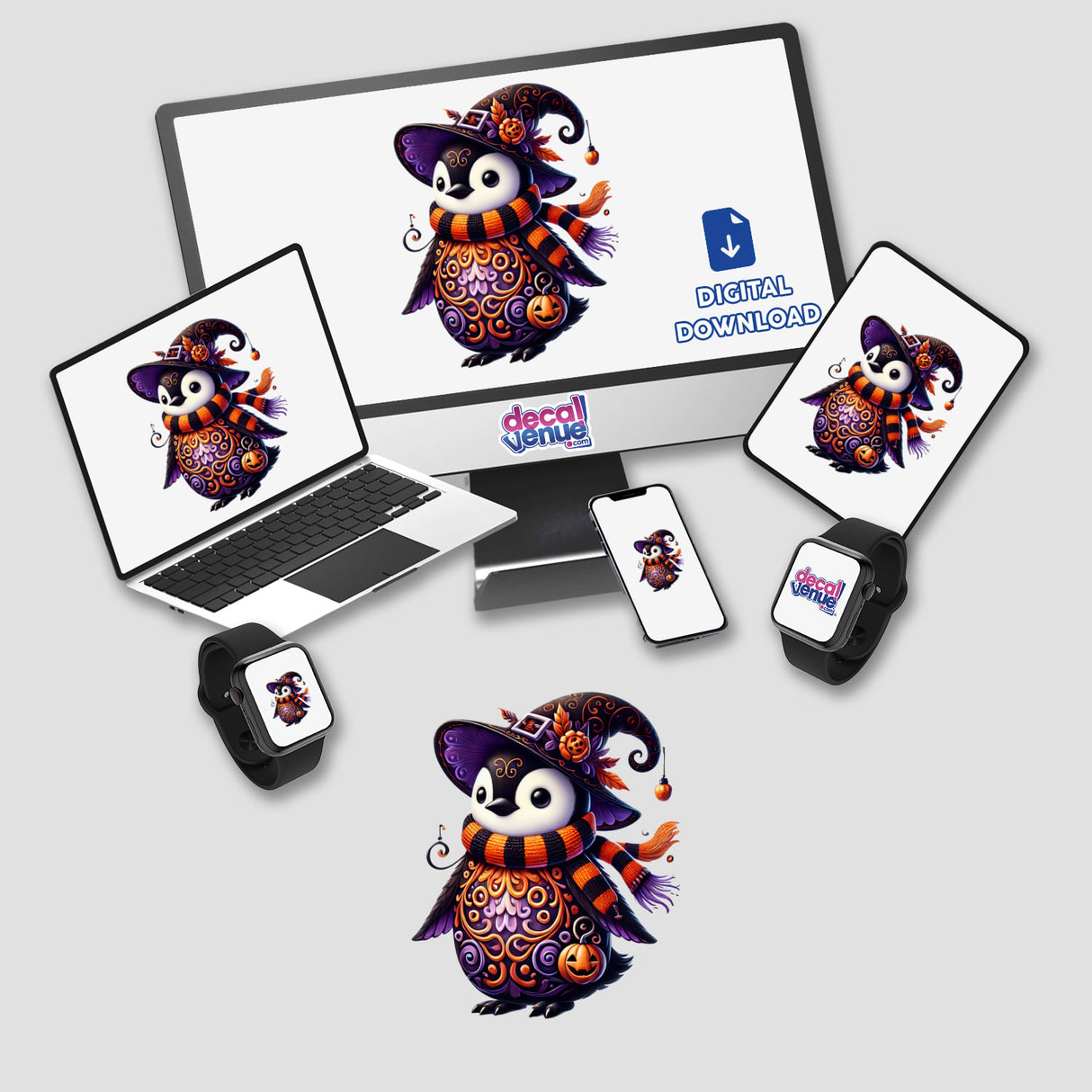 Festive Halloween Penguin Wearing Witch Hat
Digital artwork by DecalVenue featuring a colorful, illustrated penguin wearing a witch's hat with Halloween-themed patterns and decorations.