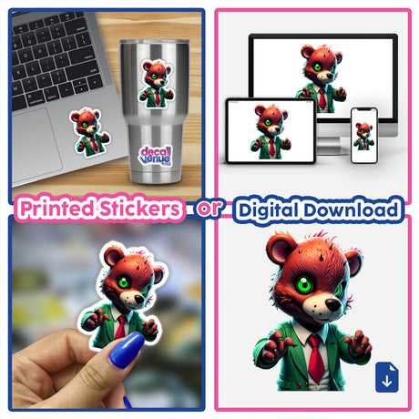 A Macabre Scary Bear sticker collage featuring cartoon characters in suits, positioned on a laptop, highlighting unique vinyl sticker and digital art offerings from Decal Venue.