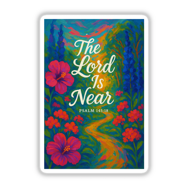 The Lord Is Near – Psalm 145:18 Fauvist Summer Floral Christian Sticker or Clipart displays vibrant florals encircling a path to divine light, emphasizing spiritual closeness. Ideal for creative Christian ventures.