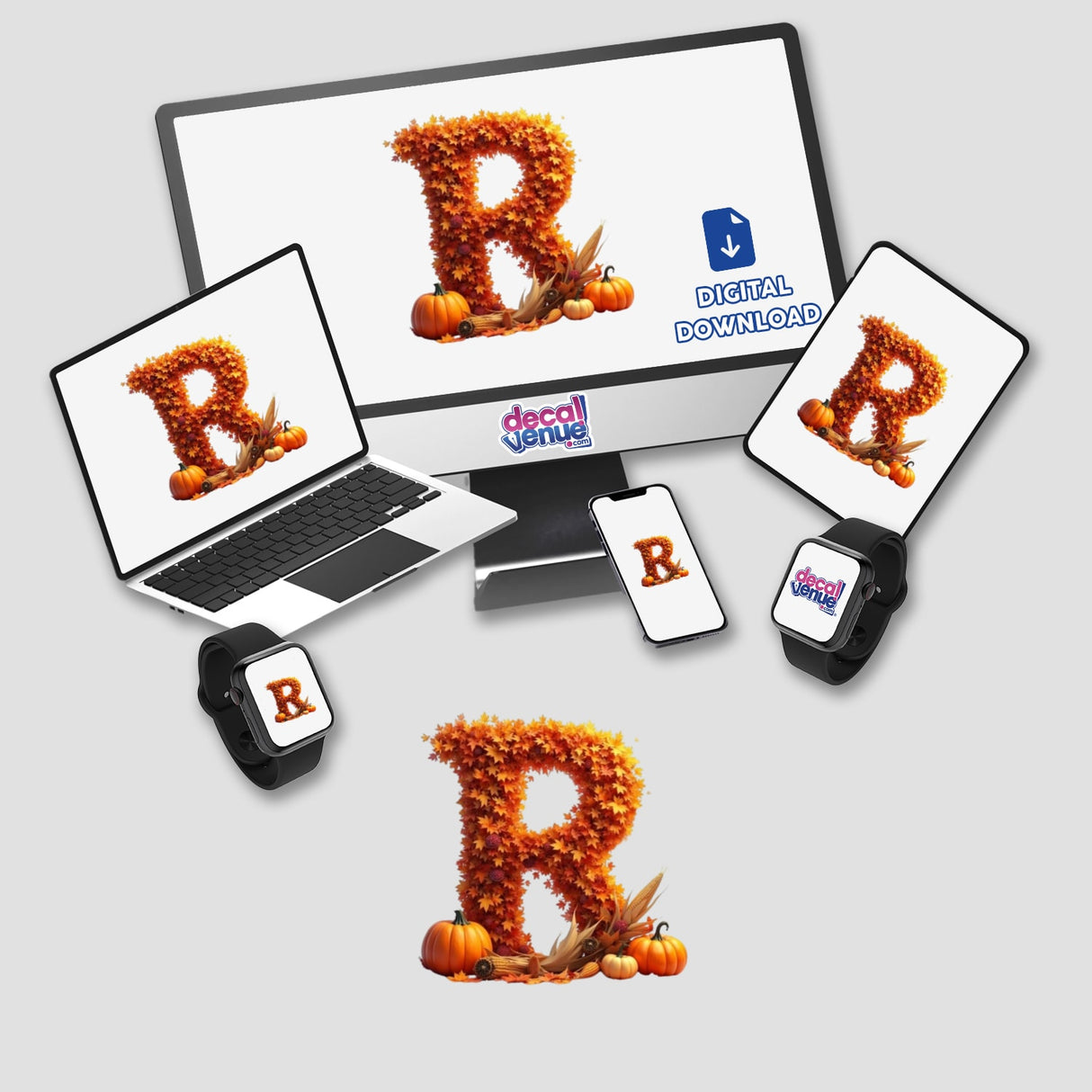 Thanksgiving Letter R Clipart featuring fall leaves and pumpkins, displayed on a laptop, monitor, phone, and tablet; available as stickers or digital artwork for commercial use.