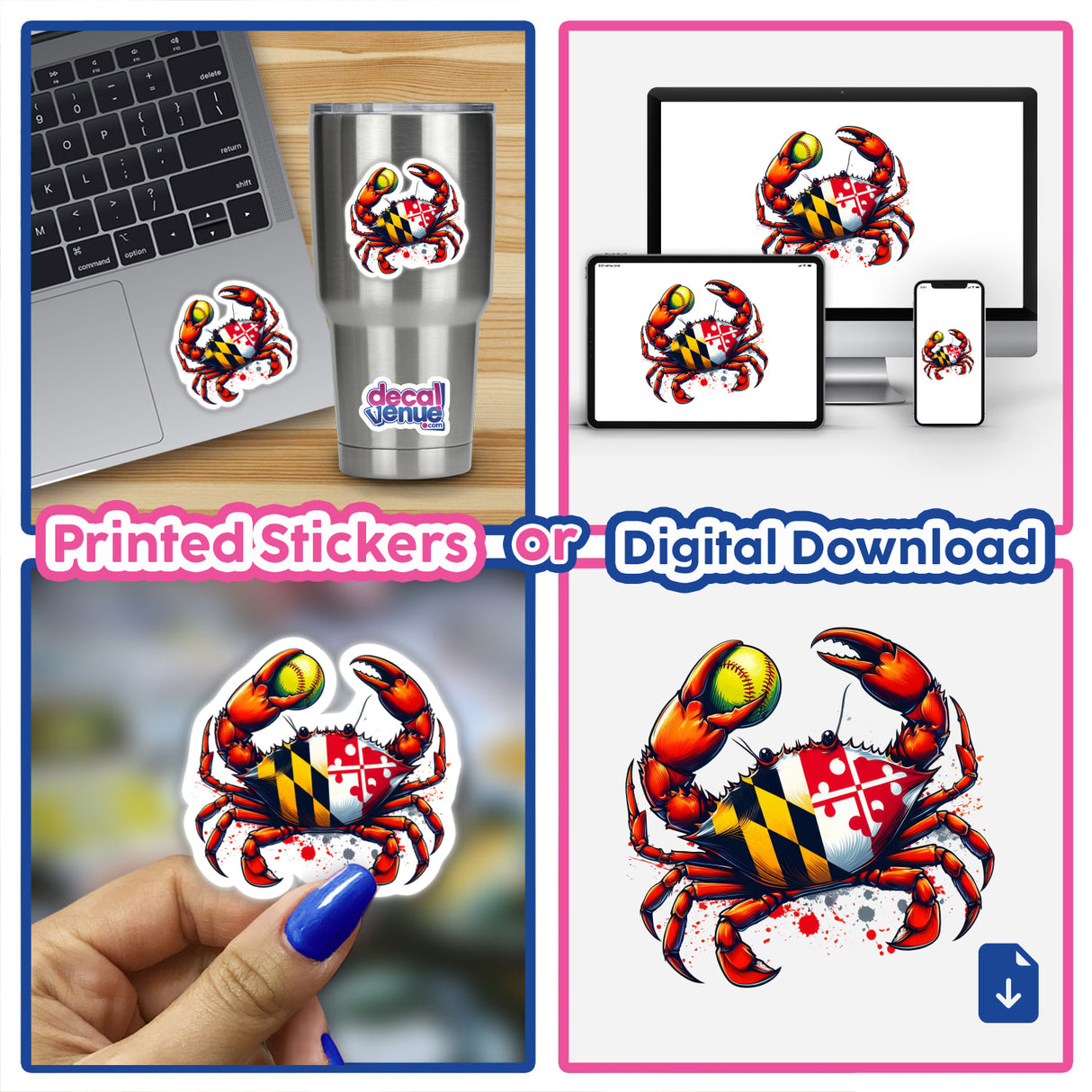 Maryland Crab Softball design featuring a crab with a Maryland flag shell and softball, offered as vinyl stickers on various items or as a digital download on multiple devices.
