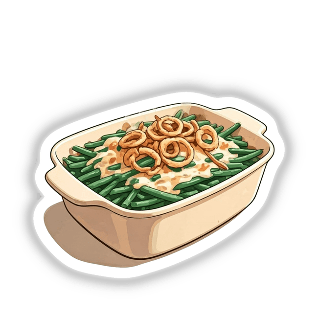 Thanksgiving Green Bean Casserole Clipart - Watercolor Style | Printable Sticker and Digital Download with Commercial Rights, depicting a detailed illustration of a green bean casserole dish.