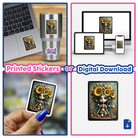Sunflower Girl: A whimsical girl with sunflower eyes, crowned with colorful blossoms, surrounded by floating orbs, capturing innocence and wonder. Available as stickers or digital artwork from Decal Venue.