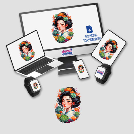 Asian Infusion Succulent Sticker featuring a digital artwork of a woman adorned with flowers in her hair, displayed on a laptop screen, embodying a beautiful botanical portrait design.