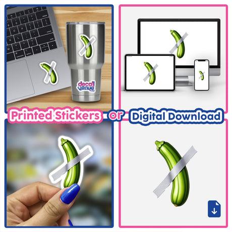 Zucchini Duct Tape Art collage featuring a laptop with a sticker, highlighting unique sticker and digital artwork options available at Decal Venue.