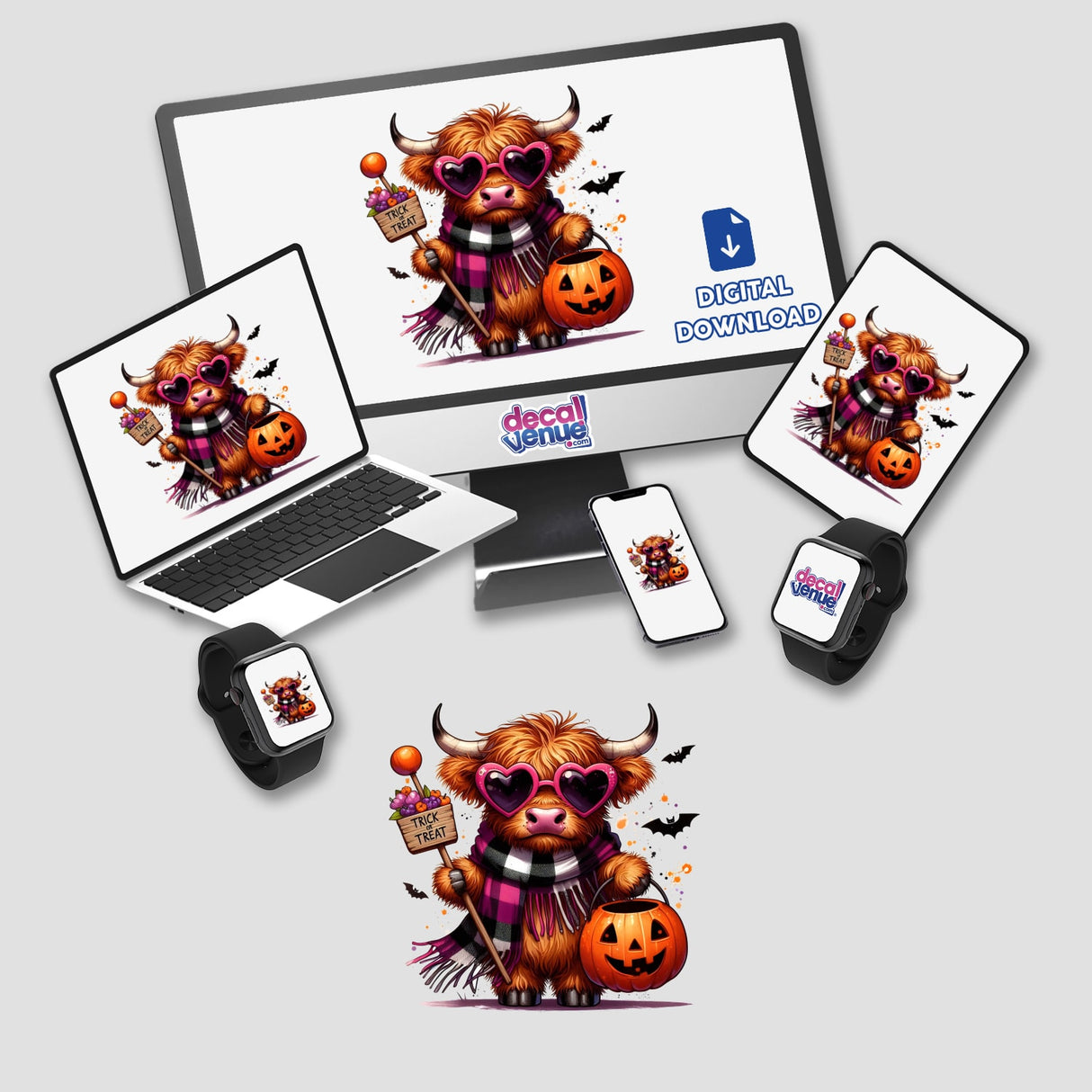 Halloween Highland Cow Trick or Treat II: A cartoon cow in sunglasses and scarf, holding a pumpkin and sign, displayed on various devices. Available as stickers or digital artwork.