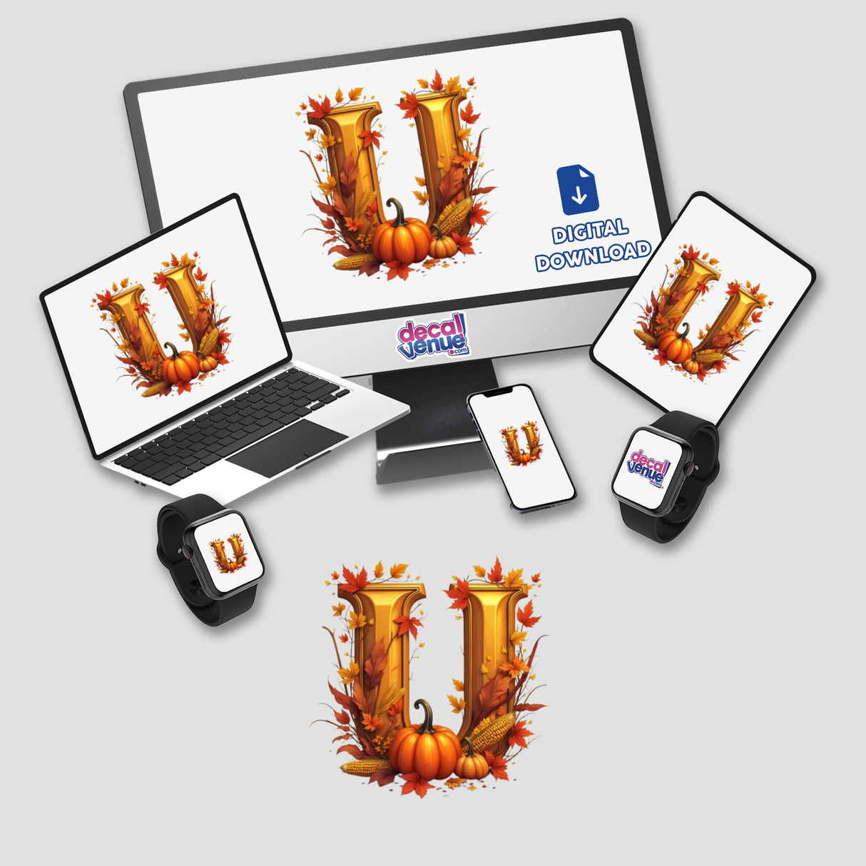 Fall Aesthetic Letter U Clipart | Stickers or Download with Commercial Rights features a computer monitor, laptop, tablet, cellphone, and smartwatch, all displaying fall leaves and pumpkins.