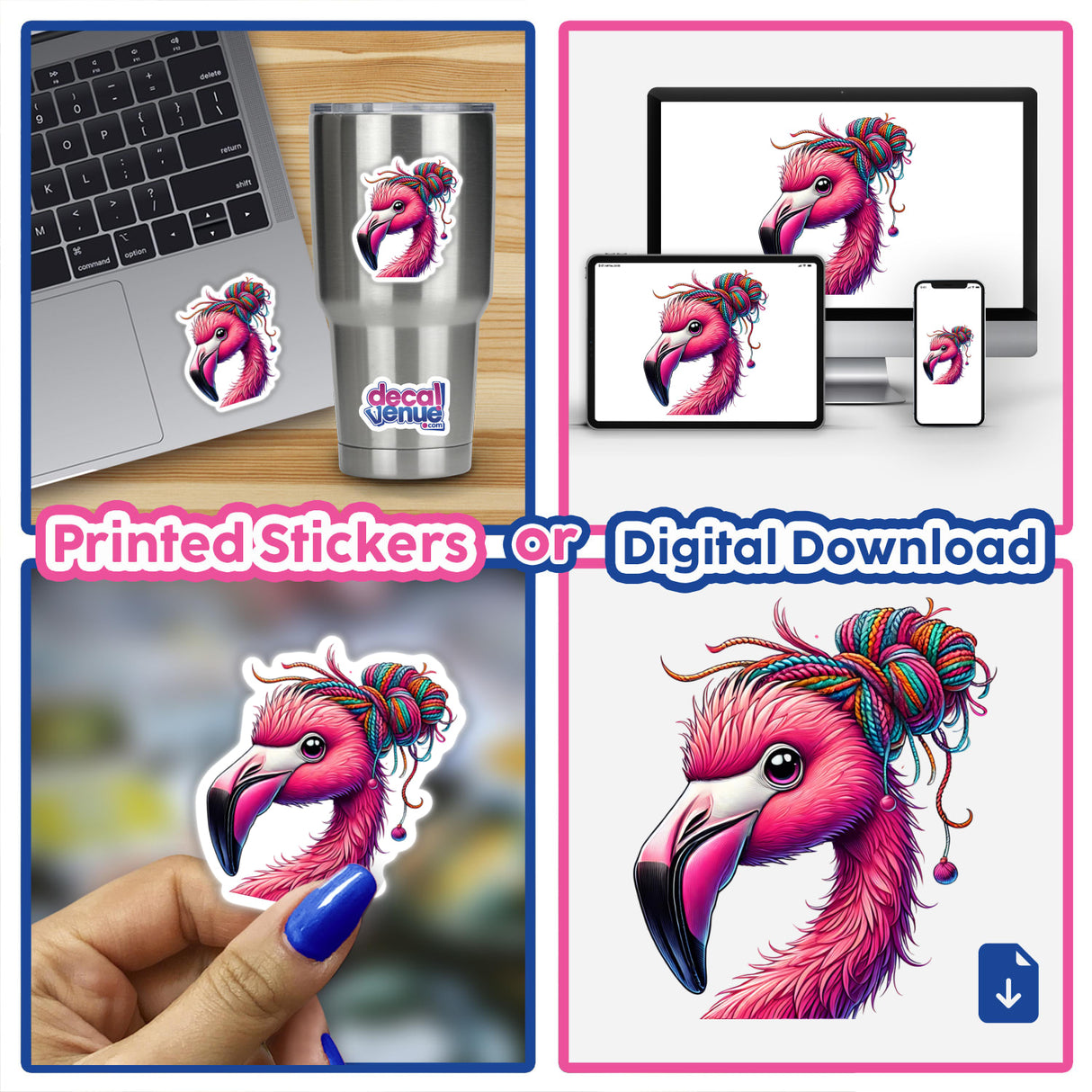 Flamingo with Yarn Hair Bun sticker held in hand, showcasing a playful design ideal for laptops or bottles, embodying Decal Venue's unique vinyl sticker collection.