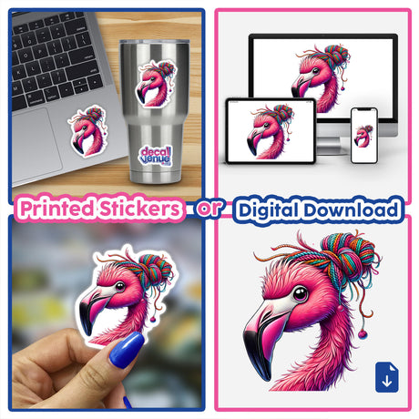 Flamingo with Yarn Hair Bun sticker held in hand, showcasing a playful design ideal for laptops or bottles, embodying Decal Venue's unique vinyl sticker collection.