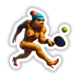 Female Bigfoot in Bikini and Heels Playing Pickleball, depicted in a surreal style, wearing a floral bikini, red sandals, beanie, sunglasses, poised with a paddle, available as stickers or digital artwork.