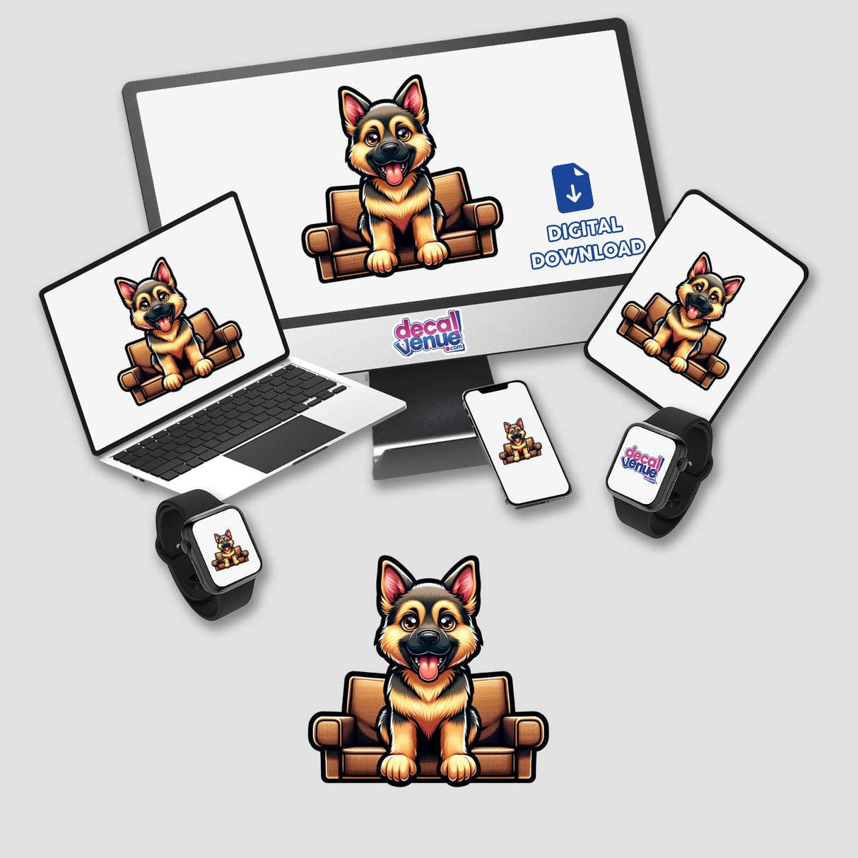 Adorable German Shepherd puppy peeking out from behind wooden planks on various digital devices and merchandise from Decal Venue store.