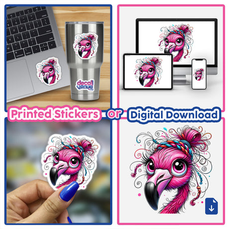 Flamingo with Messy Bun Hair Braided Yarn sticker on a laptop, showcasing a quirky flamingo design perfect for adding playful charm to digital or physical spaces.