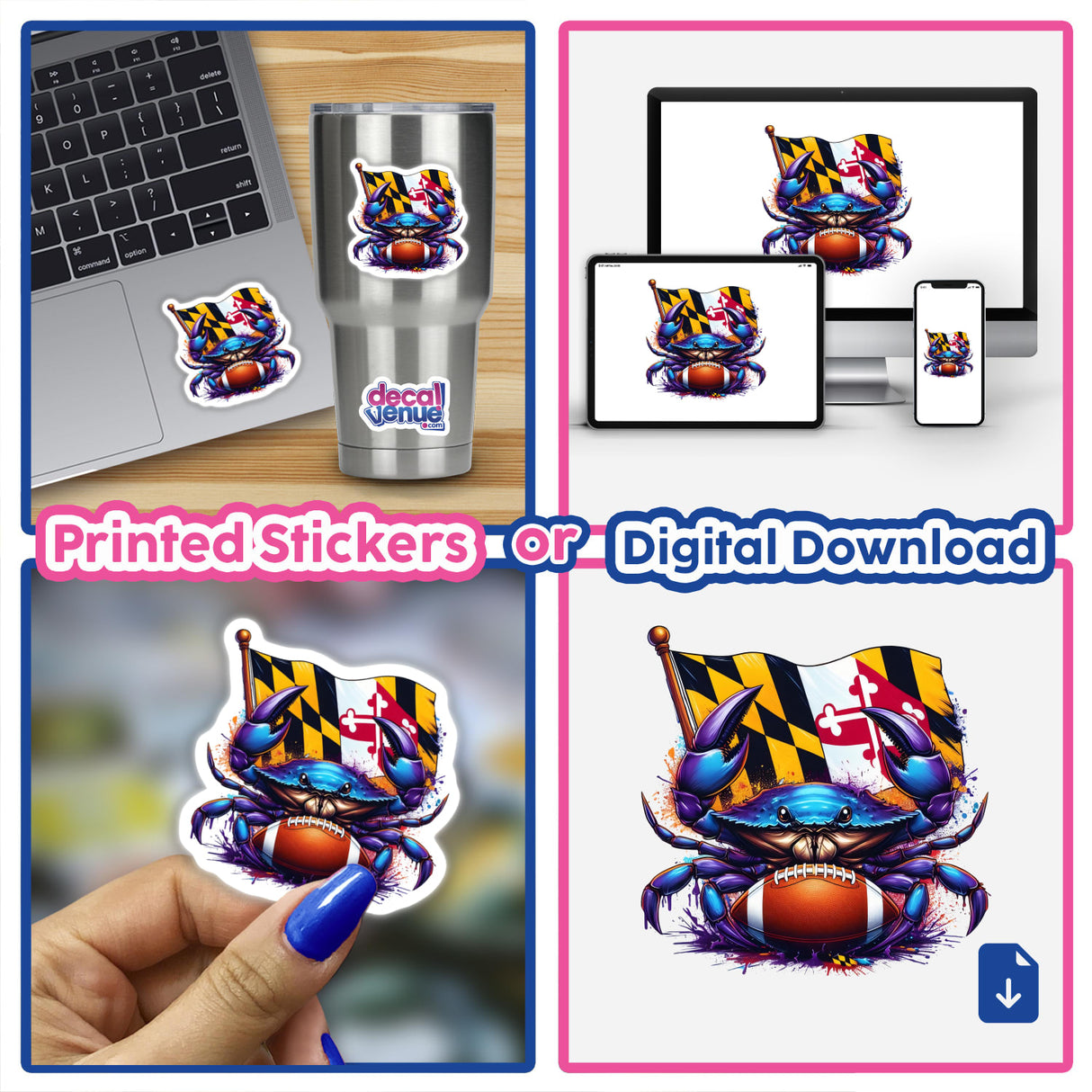 Protect This House Purple Football Maryland Crab sticker, depicting a cartoon crab holding a football and flag, ideal for laptops and digital downloads, available at Decal Venue.