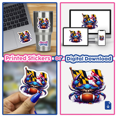 Protect This House Purple Football Maryland Crab sticker, depicting a cartoon crab holding a football and flag, ideal for laptops and digital downloads, available at Decal Venue.
