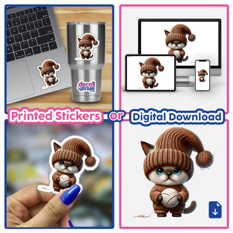 Burmese cat gnome in knitted hat holding ball of yarn, printed stickers and digital downloads available on various devices, showcasing the product's versatility and cute design.