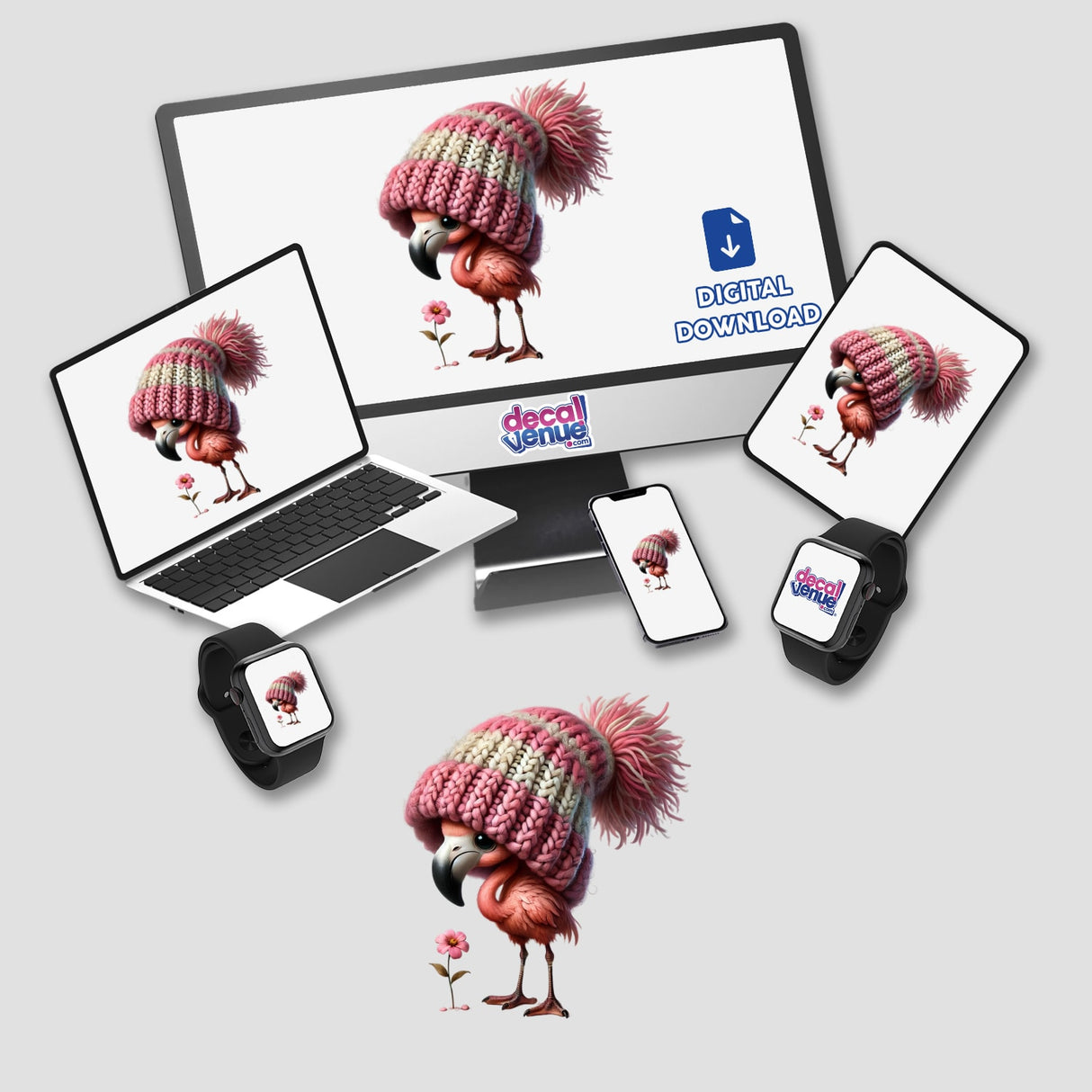 Flamingo Gnome with Flower depicted on a computer monitor and laptop, showcasing a cartoon flamingo wearing a knitted hat. Available as stickers or digital artwork.