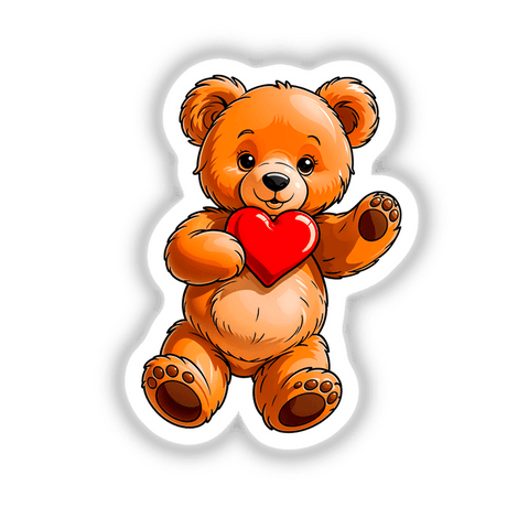 Cute Valentine's Day Teddy Bear cartoon holding a heart, available as stickers or digital artwork, perfect for adding charm to gifts or digital collections.