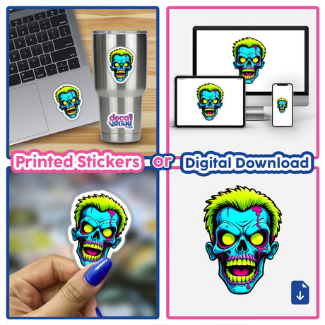 Sticker collage featuring a cartoon A Cool Neon Punk Zombie Skull, shown on a laptop and cup, highlighting Decal Venue's unique vinyl sticker and digital art offerings.