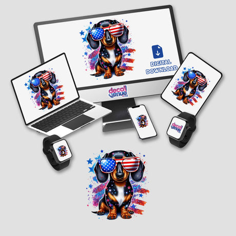 Patriotic American Dachshund Dog depicted as a sticker or digital artwork, showcasing the unique style of Decal Venue's collection of vinyl stickers and digital art.
